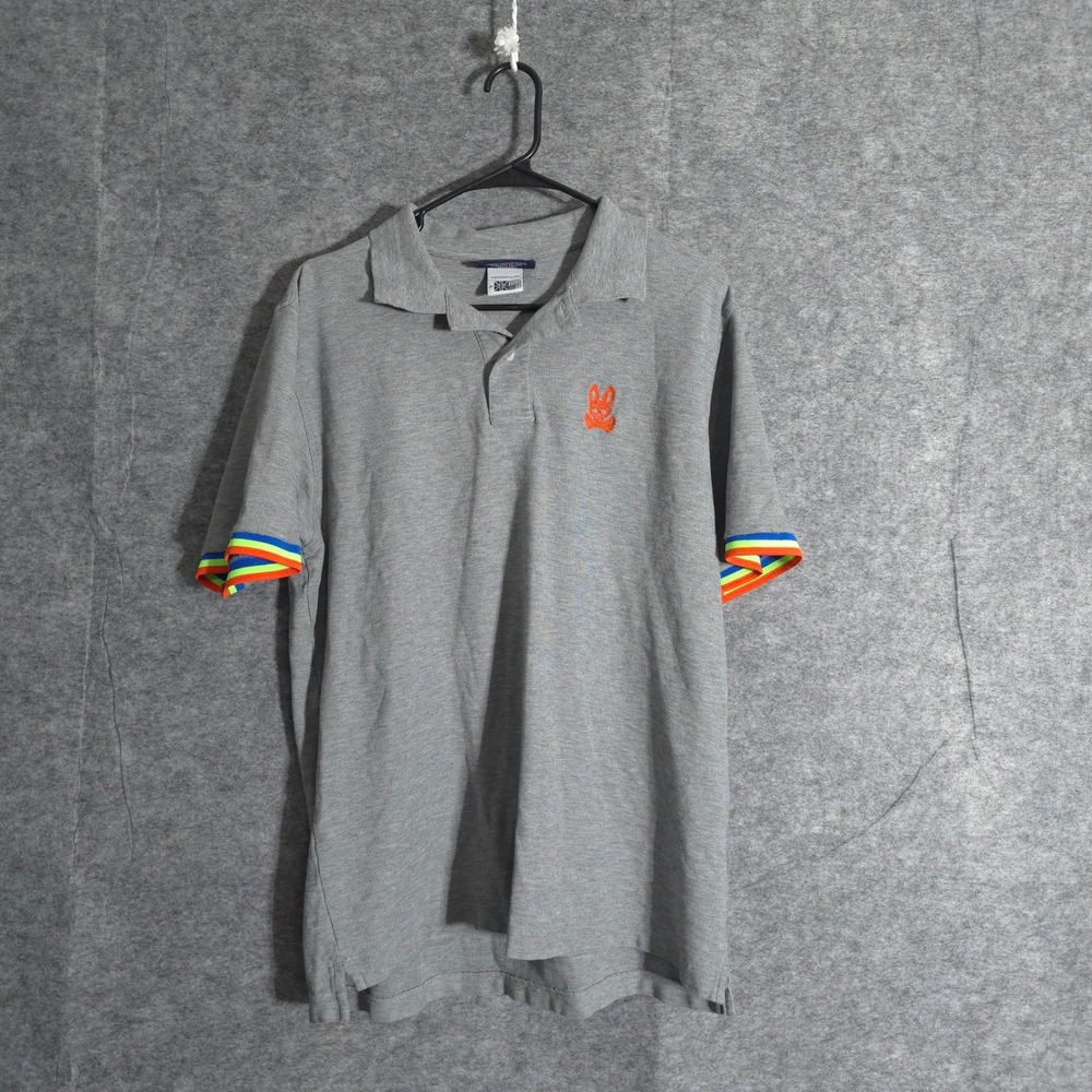 Psycho Bunny Men's‎ Polo Shirt Gray Pima Cotton Rainbow Trim Designer Style Golf